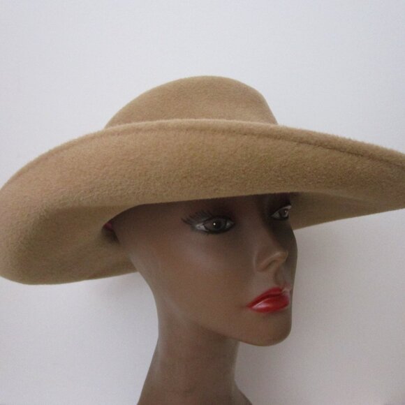 Neiman Marcus Brim Hat Vintage 90s Wool Felt Khaki Tan - Picture 1 of 10